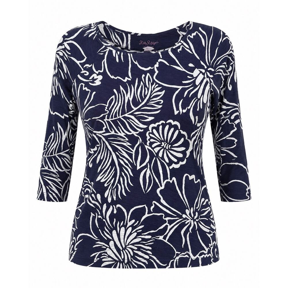 Lilly Pulitzer Top Women’s Small Navy White Floral Cotton Coastal Tee 3/4 Sleeve - Picture 3 of 16